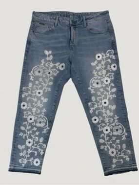 White Floral Vine Embroidered Jeans - Blue Rhinestone Accent Denim